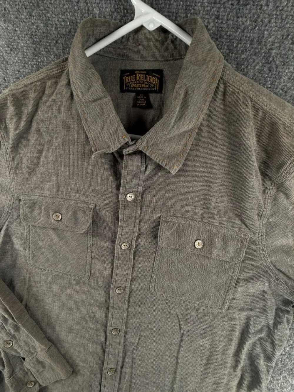 True Religion Fine Corduroy Button Up Gray Long Sleeve Large Soft Pockets **